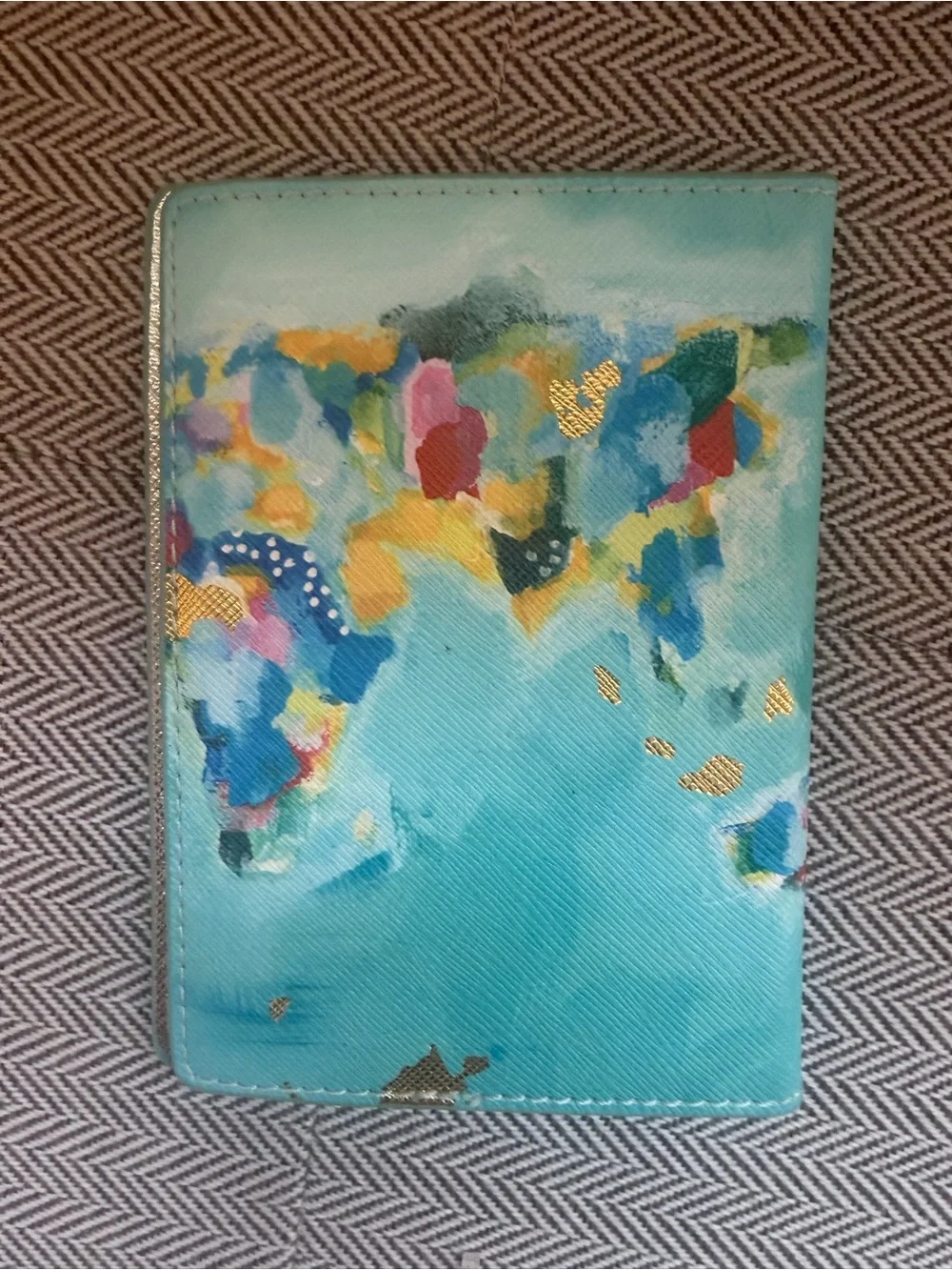 Teal World Map Passport Cover w/Gold Accents
